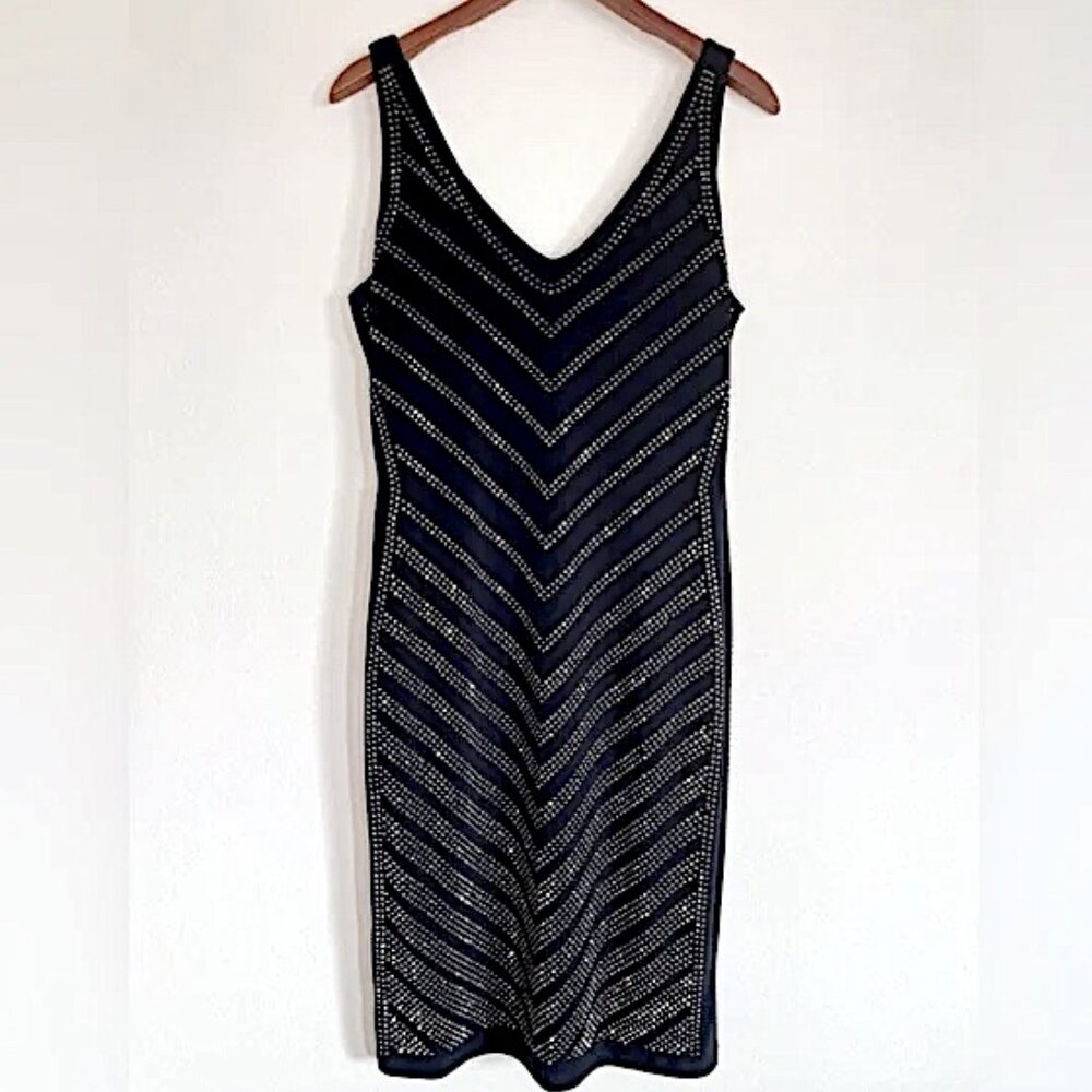 CARMEN MARC VALVO Dark Navy Blue Rhinestone Cocktail Sheath Dress Size Large